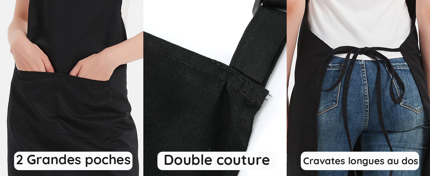 Trois panneaux mettant en valeur les caractéristiques d'un vêtement : grandes poches avant, coutures à double couture et longs liens à nouer dans le dos. Les images mettent en valeur les détails fonctionnels du vêtement.