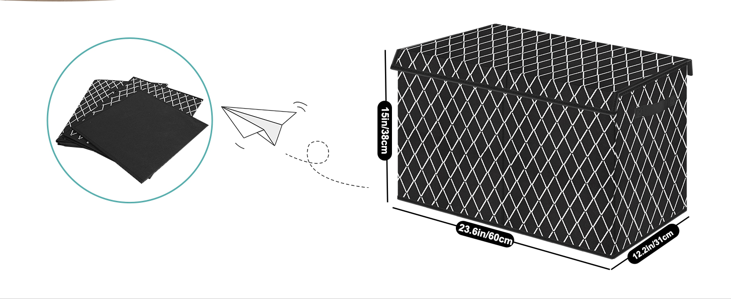 Schéma d'une boîte de rangement noire à motifs de losanges avec dimensions. Le cercle incrusté montre des feuilles pliées, ce qui suggère un design pliable. La ligne pointillée avec un avion en papier illustre le processus d'assemblage.