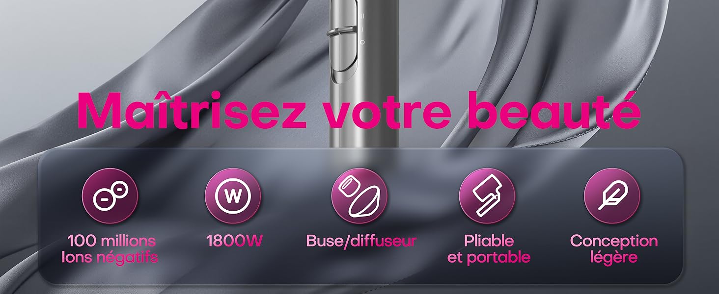 Le texte indique « Chargez votre appareil ». Icônes de fonctionnalités affichant des spécifications techniques, notamment « 100 millions de temps de contact » et d'autres indicateurs de performance sur fond violet dégradé.