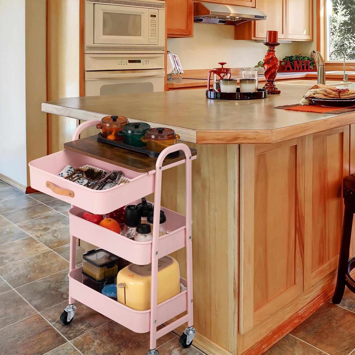 DOEWORKS - chariot 3 niveaux métal rose, tiroir, compact, cuisine, chambre