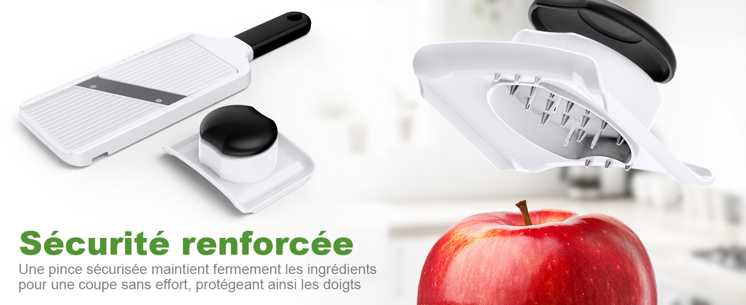 Le texte se lit comme suit : « Securite Renforcee ». Image de démonstration du produit montrant des mains manipulant un tube ou un sachet, avec une pomme rouge visible en arrière-plan.