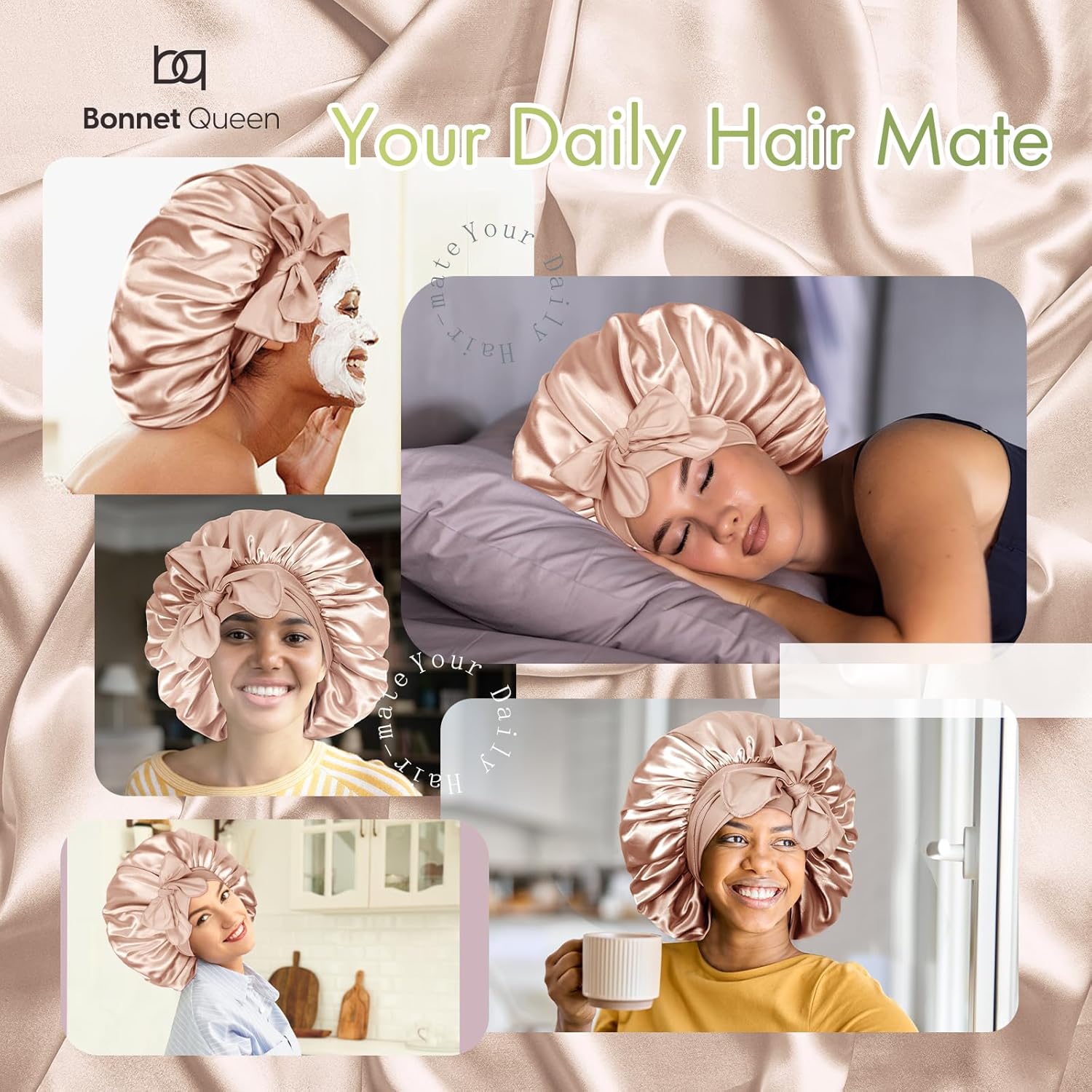 BONNET QUEEN - bonnet satin ajustable - grand - élastique long, champagne, pour cheveux bouclés