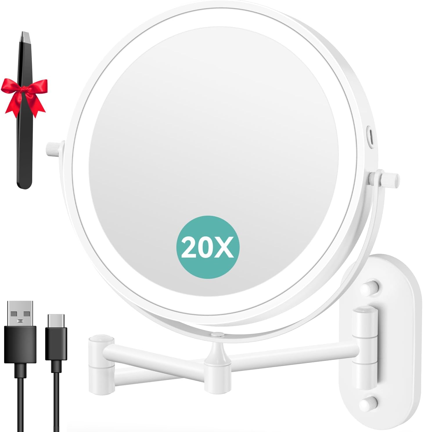 Auxmir - miroir mural LED, x20/1x, USB, 3 couleurs, tactile, 360°