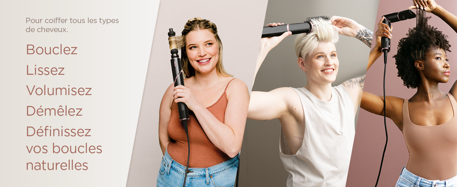 Série d'images pédagogiques illustrant les étapes et les techniques de coiffure. Le texte inclut « Bouclez », « Lissez » et « Définissez vos boucles naturelles ».