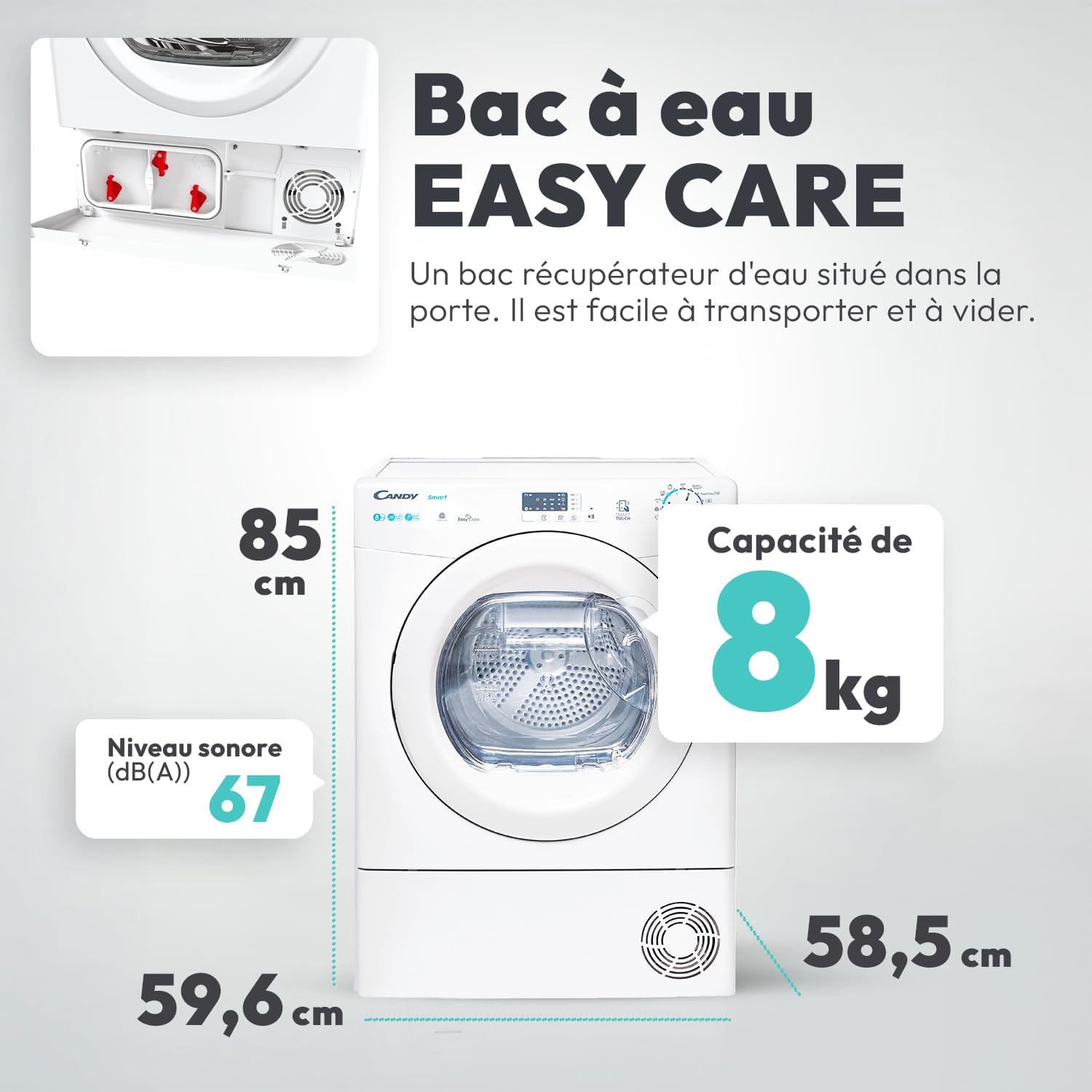 Candy - sèche-linge pompe à chaleur 8kg, NFC, départ différé, 85x59,6x58,5cm - CSE H8A1LE-S