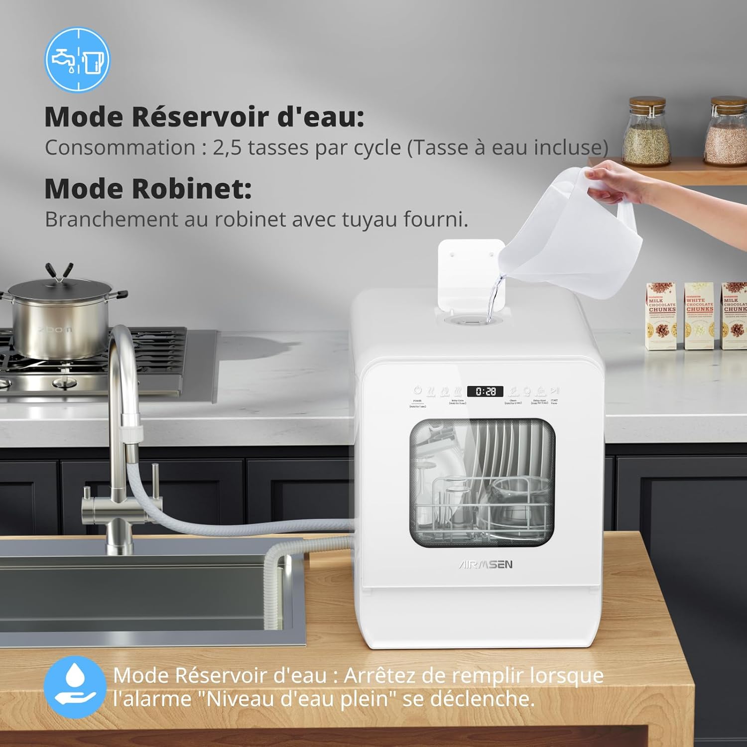 AIRMSEN - Mini Lave-vaisselle ultra-étroit 37x50cm - 4 couverts, 7+2 programmes, réservoir 5L, démarrage différé