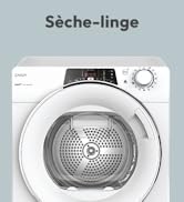 Le texte se lit comme suit : « Sèche-linge ». Plusieurs vues du panneau de commande d'un séchoir blanc et de l'intérieur du tambour, montrant différents angles et caractéristiques.
