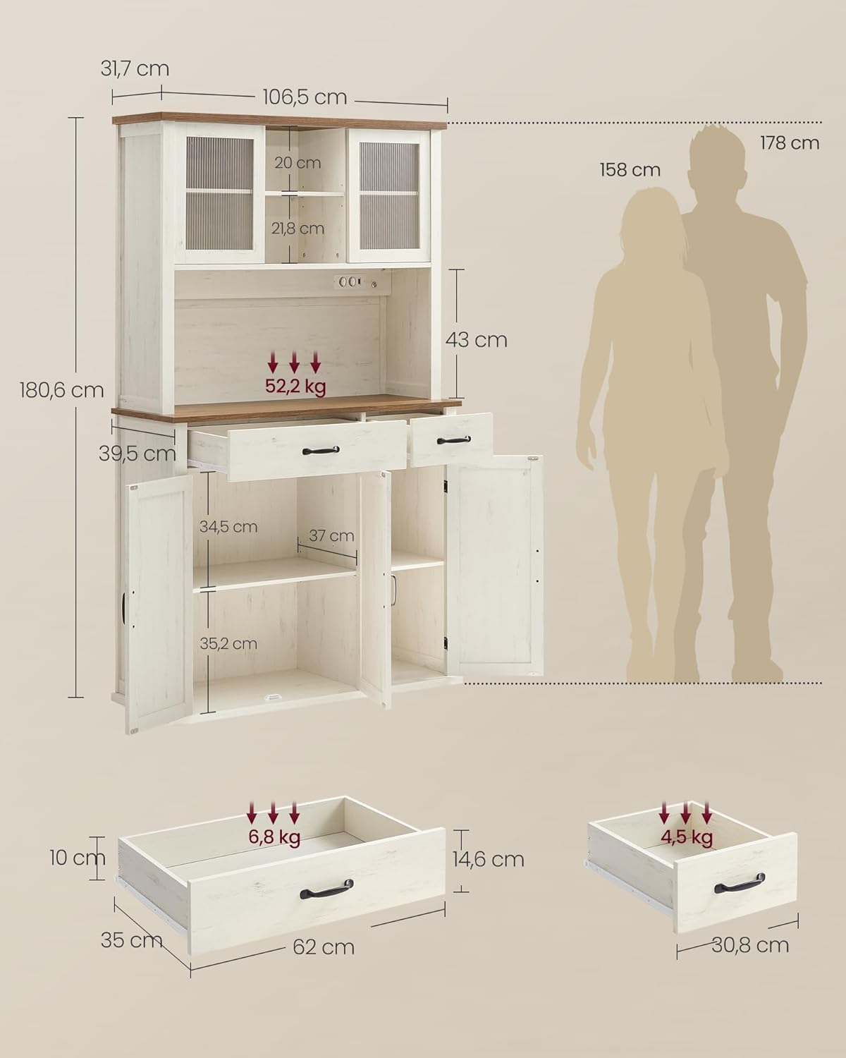 VASAGLE - meuble de rangement éclairé blanc/marron - 39,5x106,5x180,6 cm - portes, tiroirs, étagères réglables - BBK391W