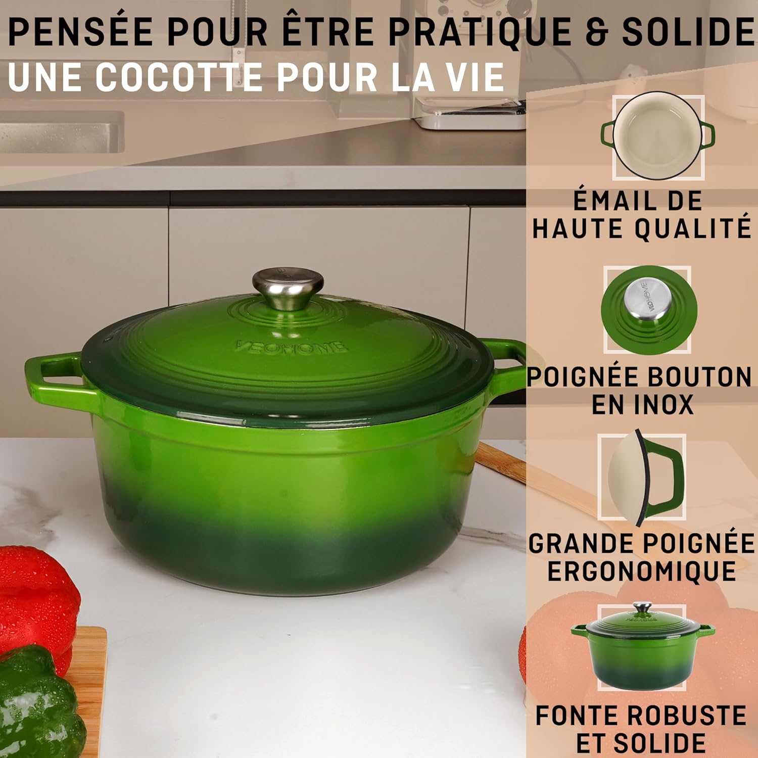 VeoHome - cocotte ronde émaillée 28cm 6L - induction/four/gaz