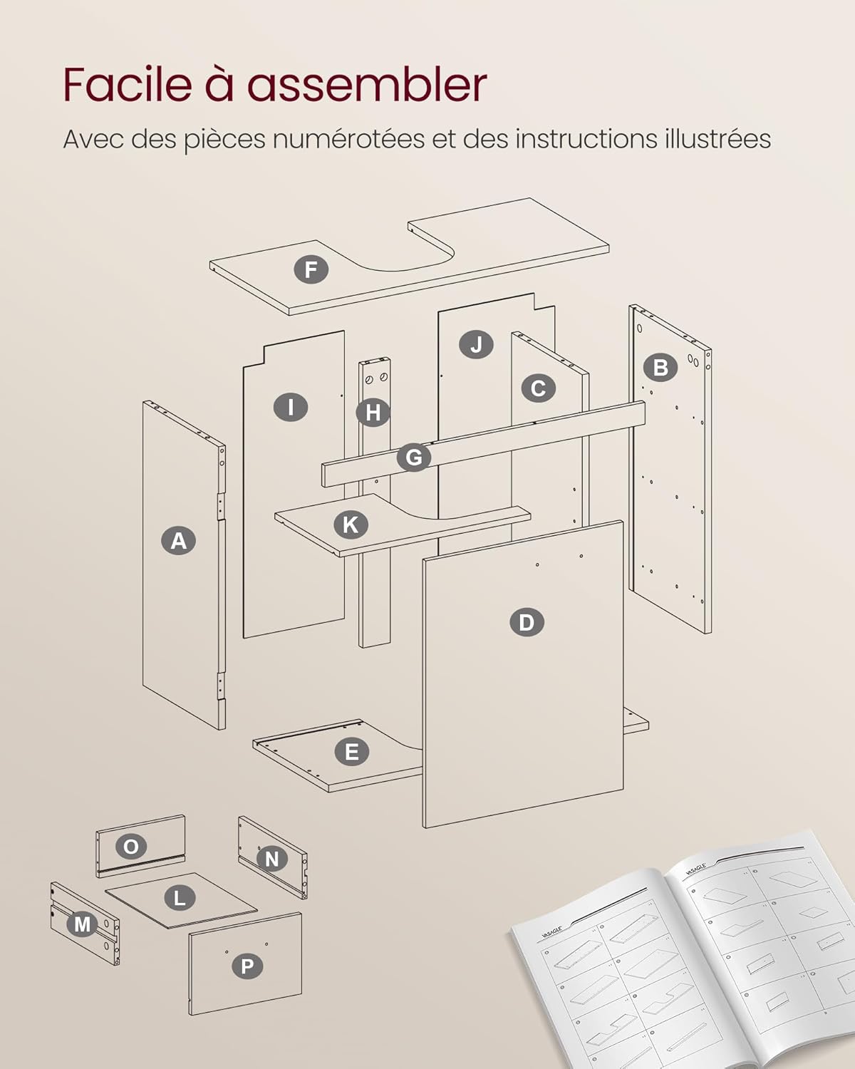 VASAGLE - meuble sous lavabo 70x30x64 cm, 3 tiroirs, blanc, BBK504W01