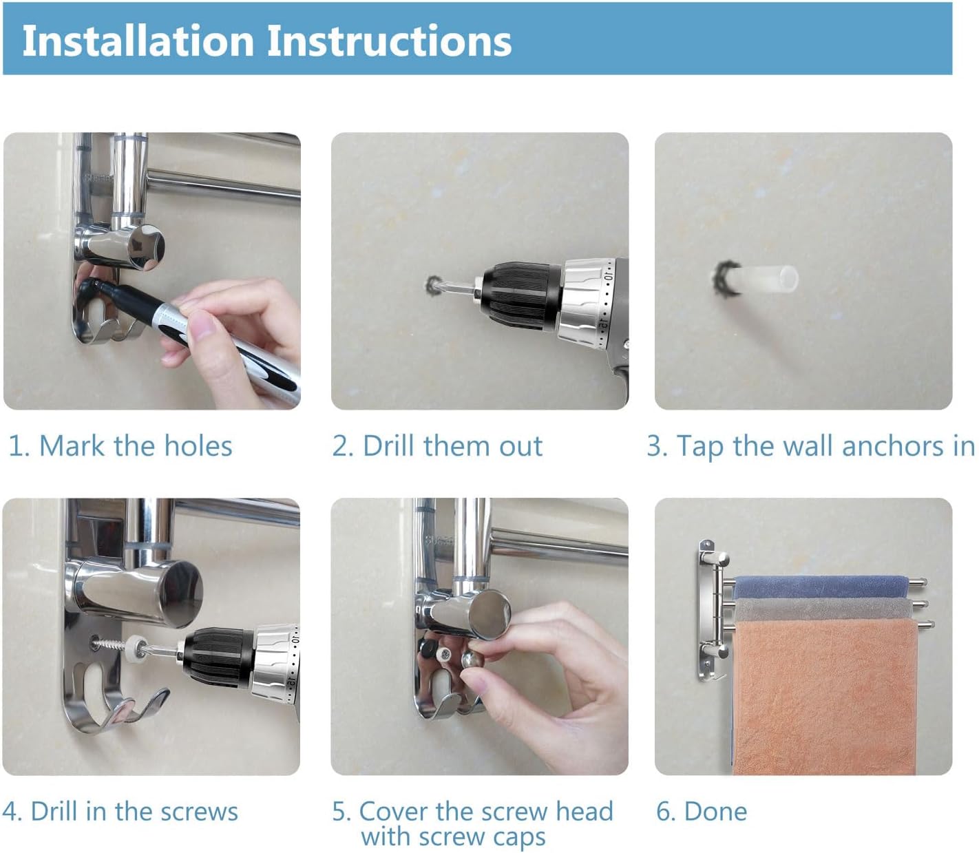 JSVER - porte-serviettes 3 barres rotatives inox 180° - salle de bain