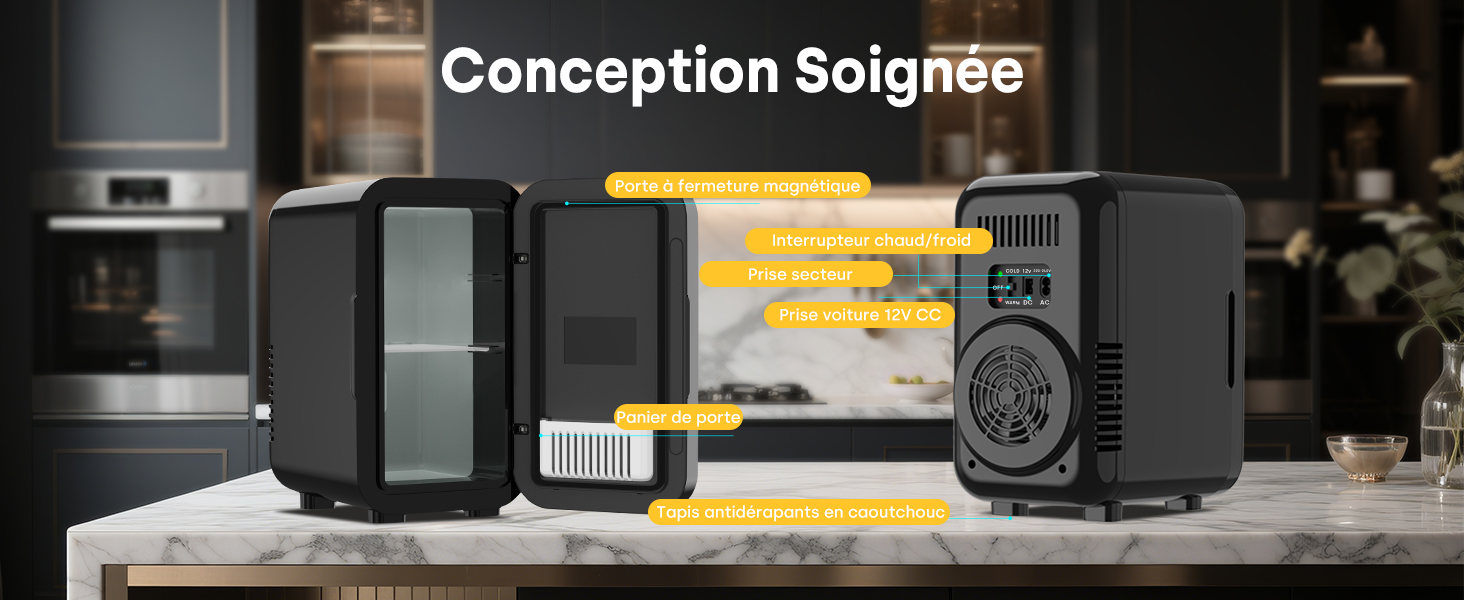 Le texte se lit comme suit : « Conception Soignée ». Configuration de l'écran montrant les appareils électroniques noirs, y compris les haut-parleurs et autres équipements audio.