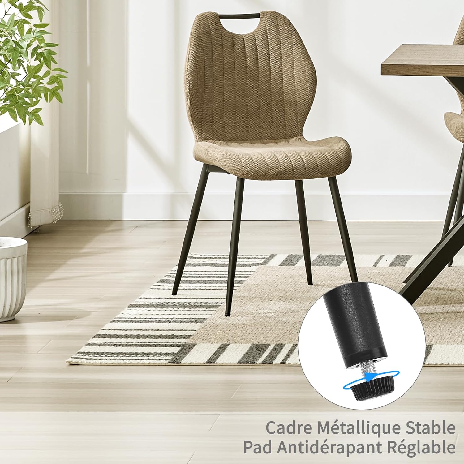 Chaises de salle à manger - tissu kaki, pieds métal, lot de 2, dossier confortable