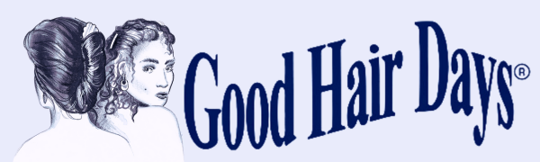 de la marque « Good Hair Days » avec un texte bleu et une illustration stylisée du visage et des cheveux d'une femme