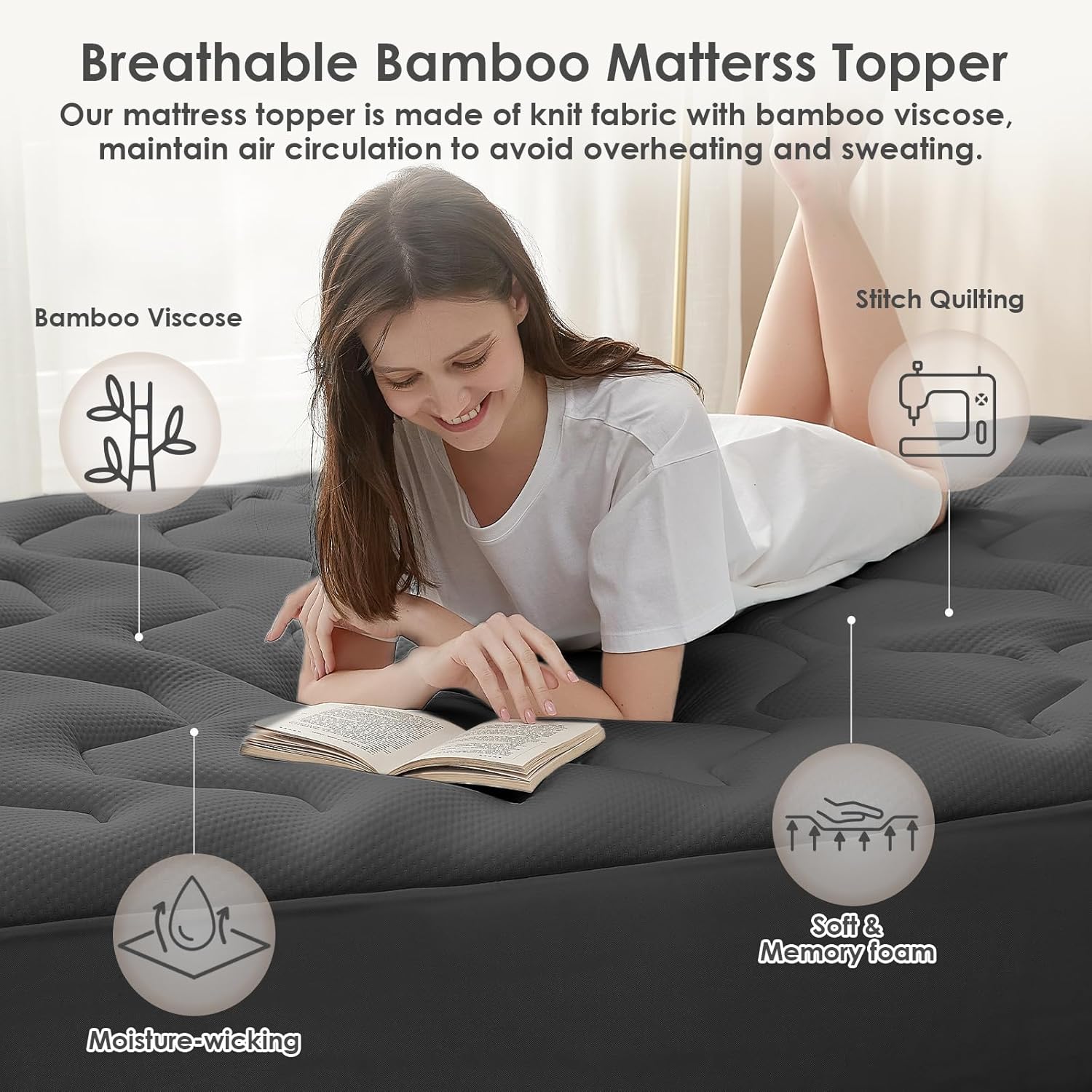 EHEYCIGA - Surmatelas mémoire de forme 180x200 - poche profonde, rafraîchissant, gris foncé