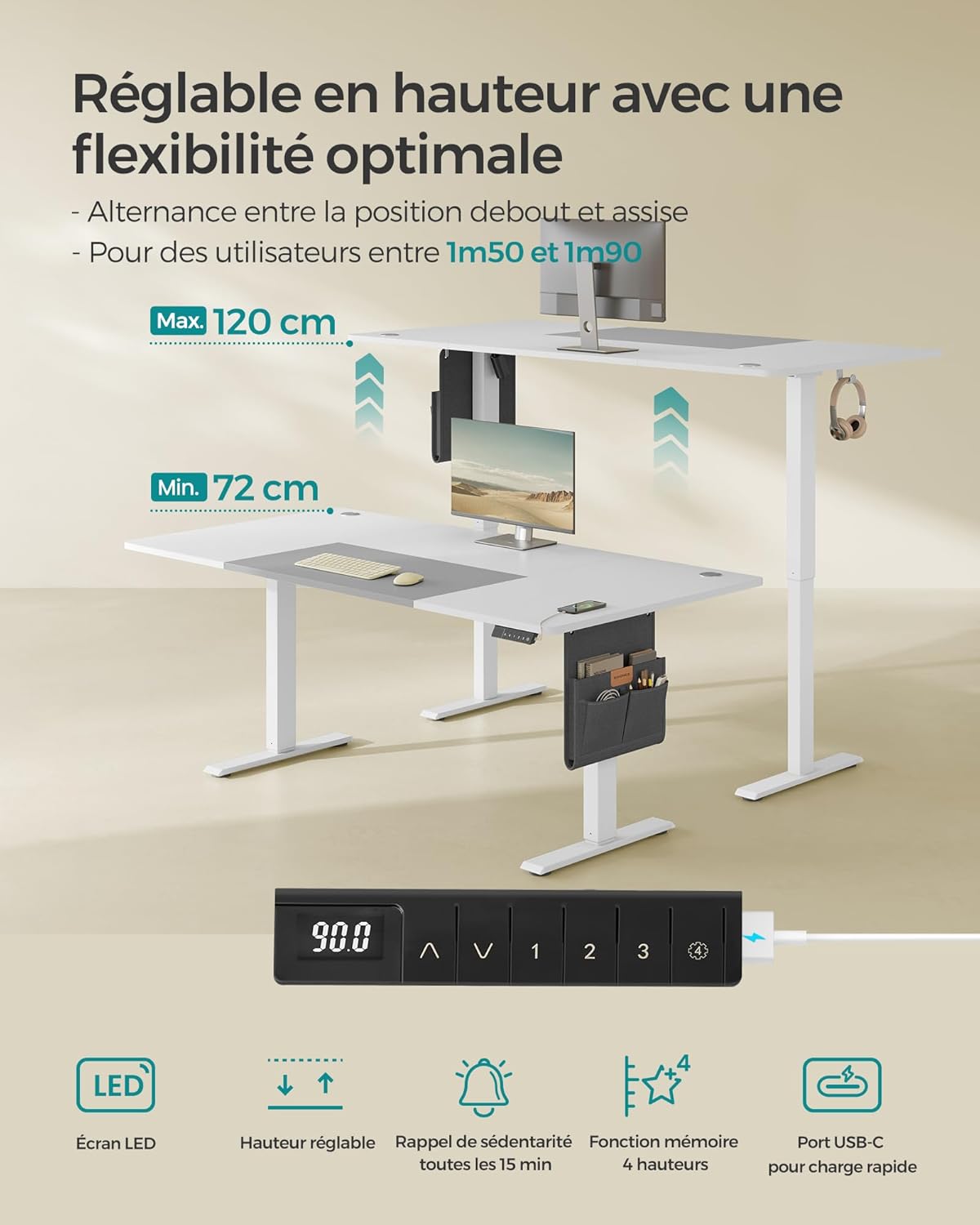 SONGMICS - Bureau électrique série assis-debout - 180x80 cm - Réglable, mémoire 4 hauteurs, USB-C, blanc/gris - LSD028WZ