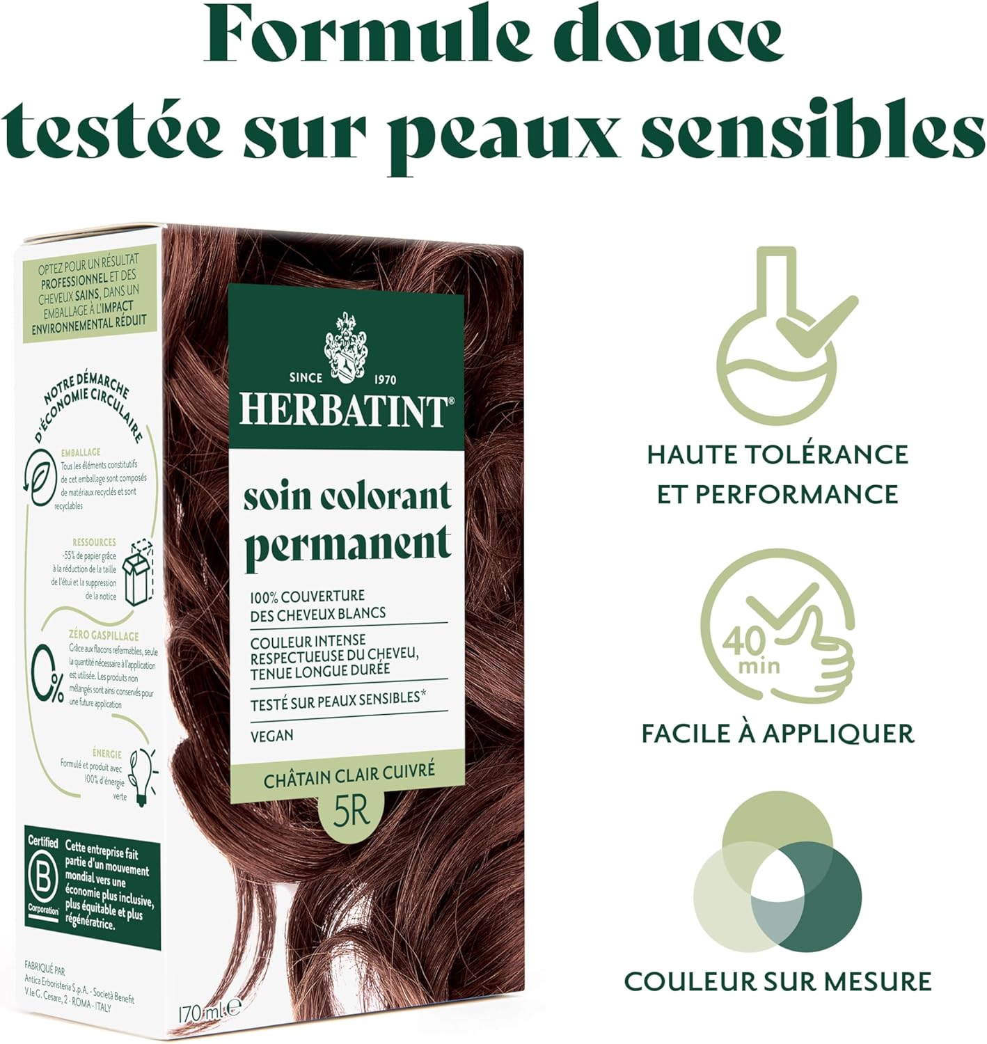 Herbatint - Soin Colorant Permanent - 170ml - Cheveux châtain clair cuivré, sans ammoniaque, 100% couvrant, testé peaux 