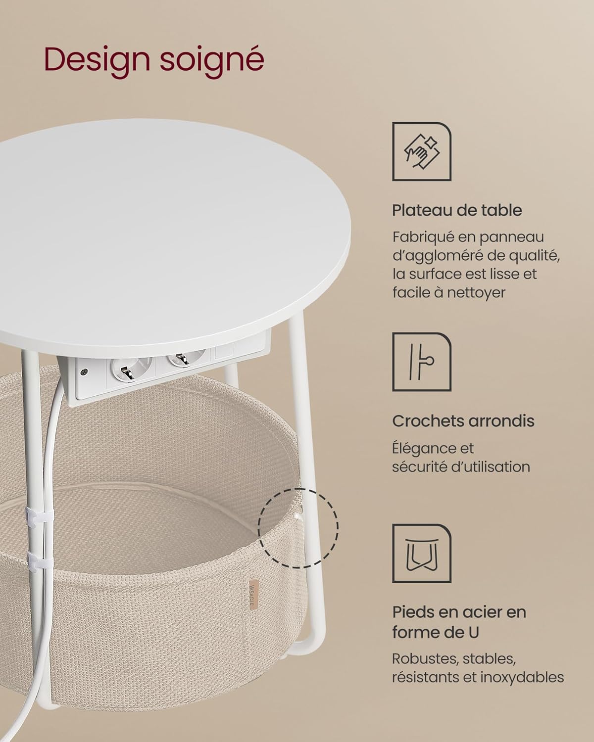 VASAGLE - Petite table basse ronde, panier tissu, multiprise, 40x40cm, style moderne, LET228W02