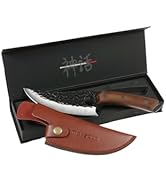 Grand couteau à lame fixe avec lame incurvée en acier martelé et manche en bois. Comprend un étui en cuir marron et une boîte de présentation noire
