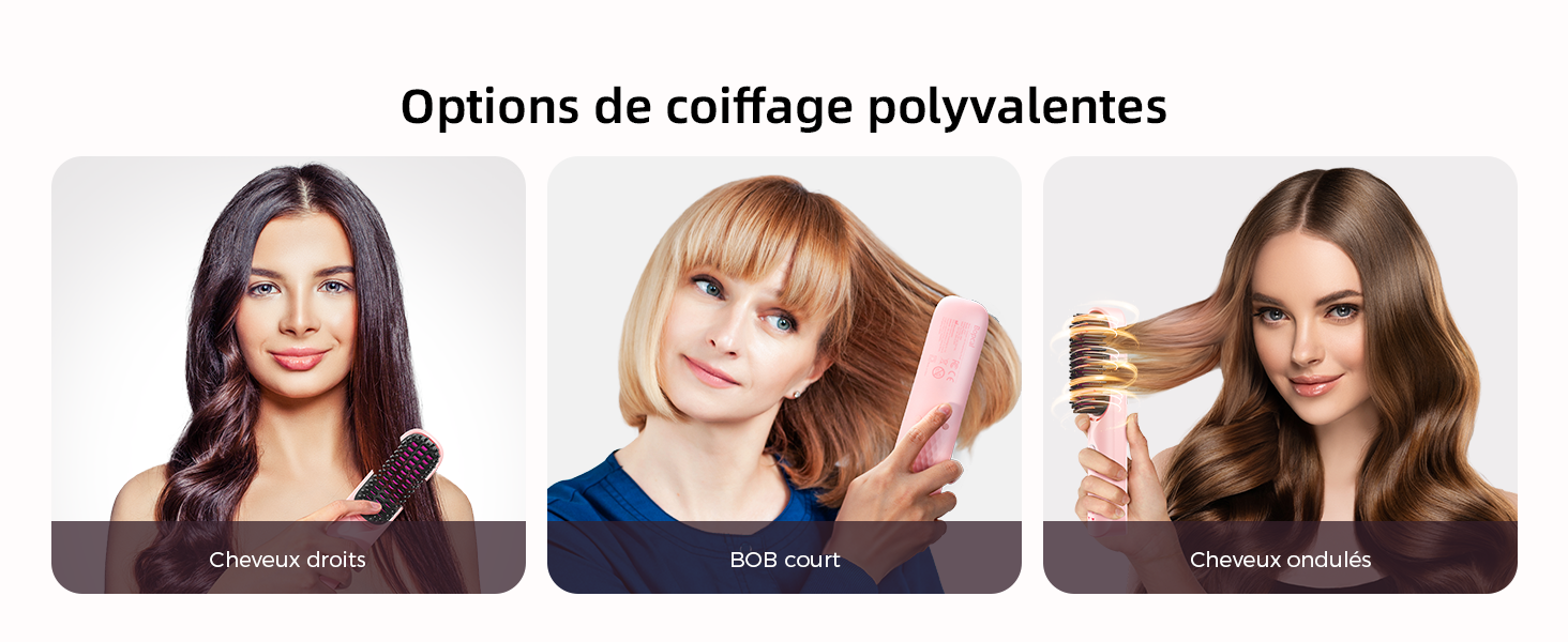 Le texte se lit comme suit : « Options de coiffage polyvalentes ». Trois images de produits montrant différents résultats de coiffure avec des indicateurs de mesure.