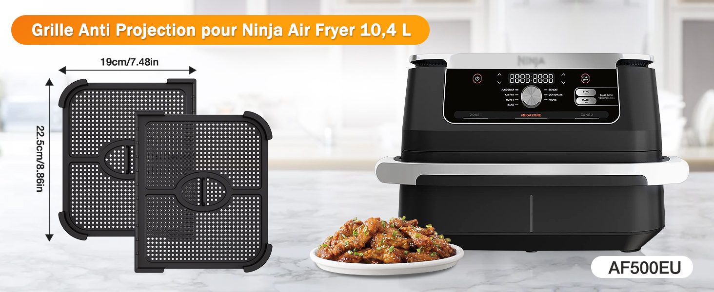 Le texte indique « Grille Anti Projection pour bi Air Fryer 10.4 L » et « AF504EU ». Grille de protection noire ou accessoire d'écran pour friteuse à air illustré sous plusieurs angles.