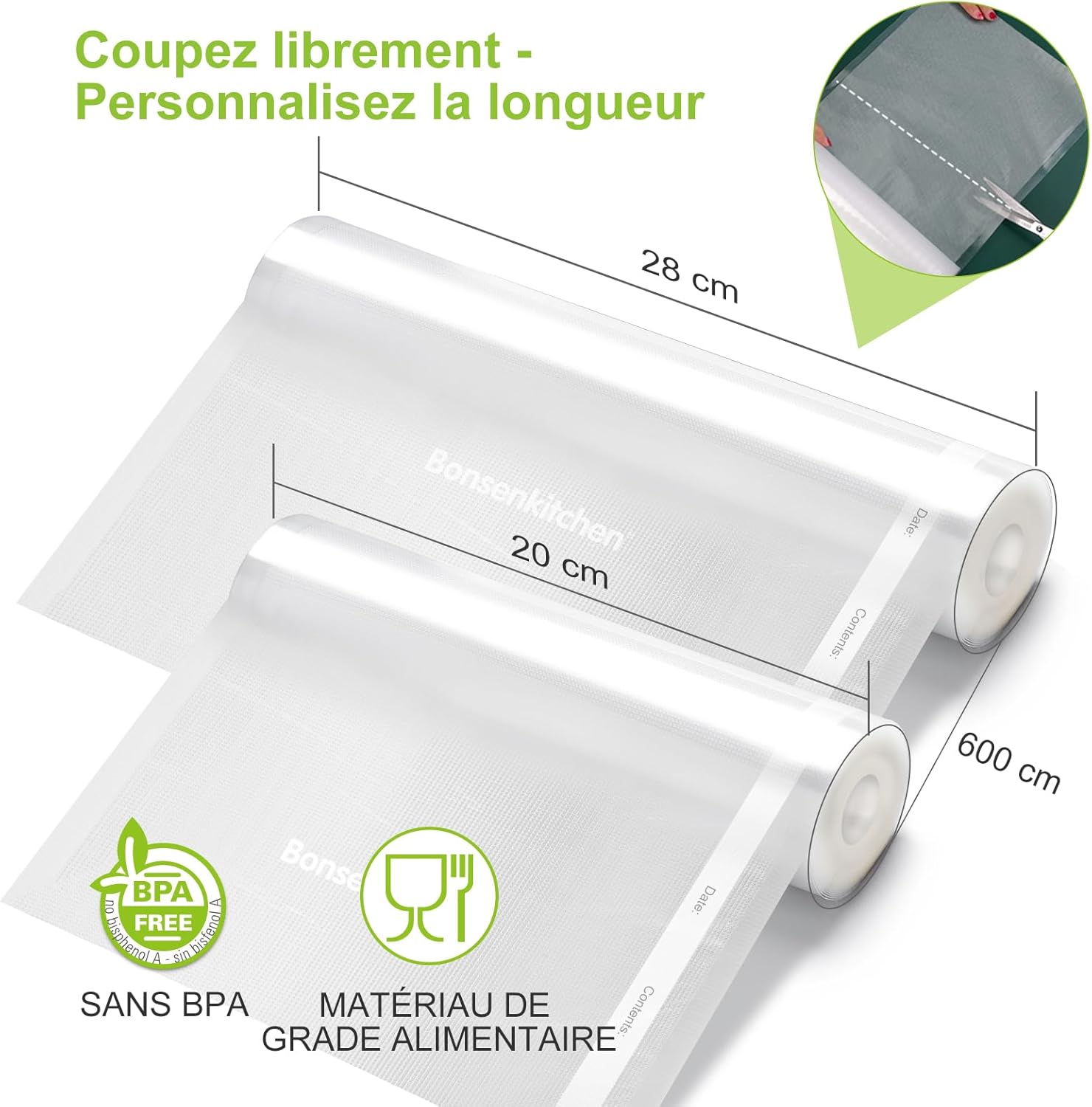 Bonsenkitchen - rouleaux sous vide alimentaire - 28x600cm et 20x600cm - sans BPA, lot de 6 - VB3211