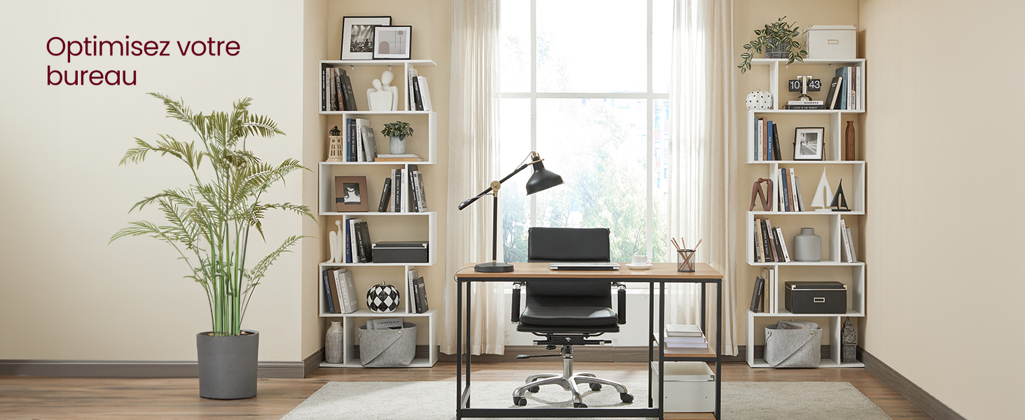 avec bureau, chaise et plusieurs bibliothèques. Grande plante, lampe de bureau et fenêtre visibles. Le texte en français mentionne l'optimisation de votre bureau.