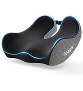 Coussin de siège ergonomique noir avec garniture bleue, doté d'un matériau en maille et d'un design profilé pour le soutien.