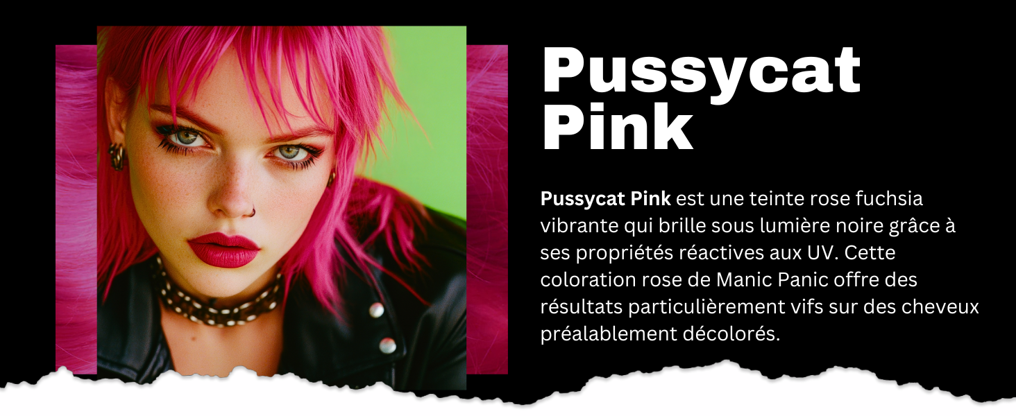 Publicité de produit pour une teinture capillaire rose vif. Met en valeur la couleur des cheveux fuchsia vif sur un modèle sur fond vert. Le texte décrit les propriétés réactives aux UV et les résultats de couleurs intenses