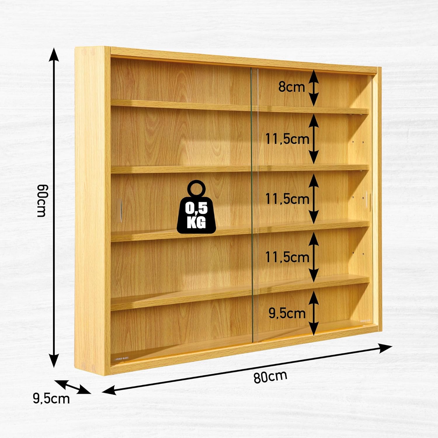 Inter Link - vitrine murale Acquario - 80x60x9,5 cm - 5 compartiments, MDF, hêtre