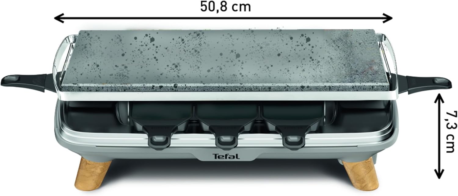 Tefal - Raclette Pierrade PR620D12 - 8 coupelles profondes, pierre naturelle, 1350W, pieds effet bois