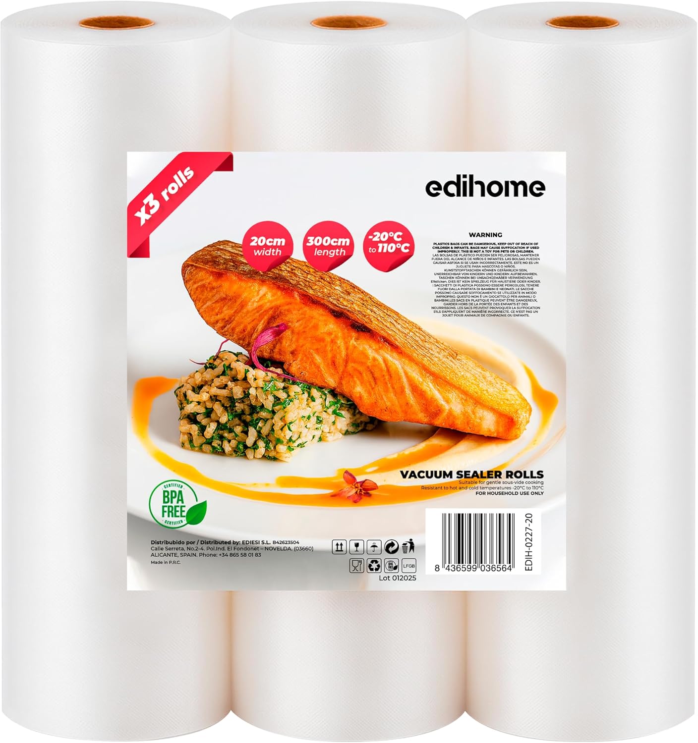 Edihome - rouleaux sous vide 20x300cm - 3 pièces sans BPA conservation