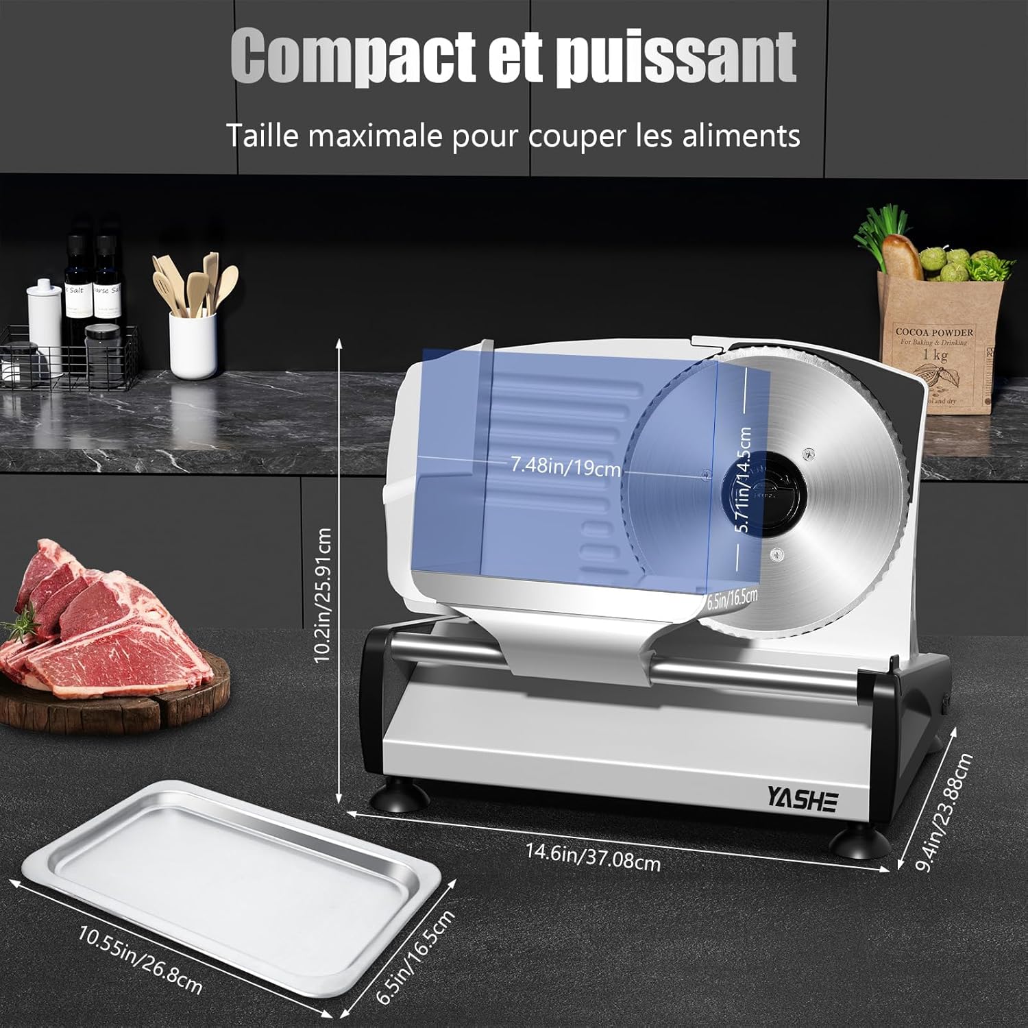 YASHE - Trancheuse électrique, 200W, lames inox 19cm, épaisseur réglable