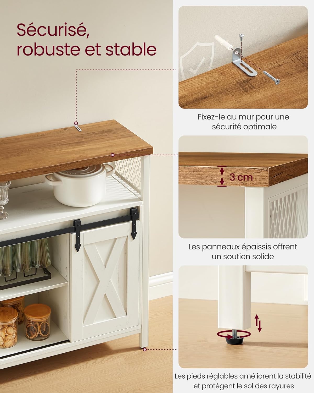 VASAGLE - Buffet cuisine rustique, 100x33x80cm, 2 portes coulissantes, LSC092W01