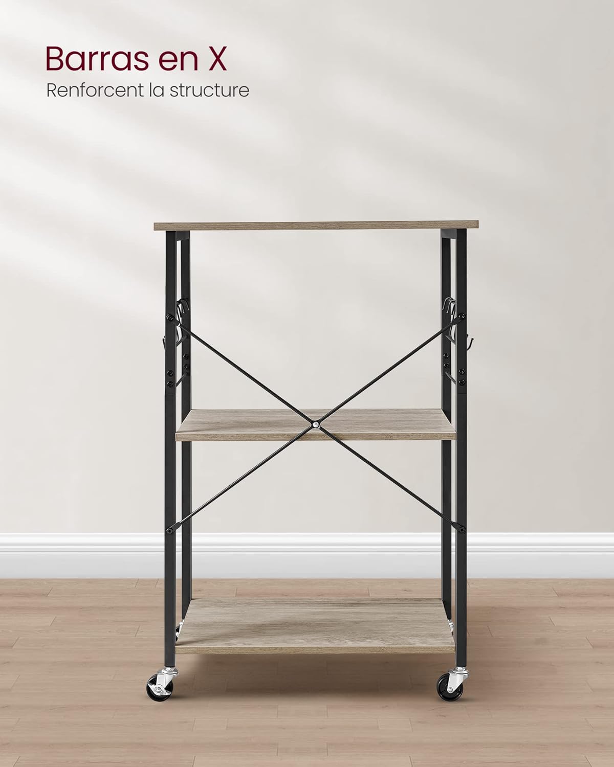 VASAGLE - étagère cuisine 3 niveaux, roulettes, 40x60x89cm, 6 crochets KKS060B02