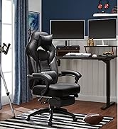 avec appui-tête rembourré, accoudoirs réglables et extension de repose-pieds, présentée dans un environnement de bureau à domicile avec deux écrans