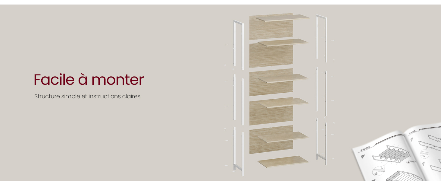 Le texte indique « Facile à monter ». Montre une étagère murale blanche à plusieurs niveaux avec des instructions de montage.