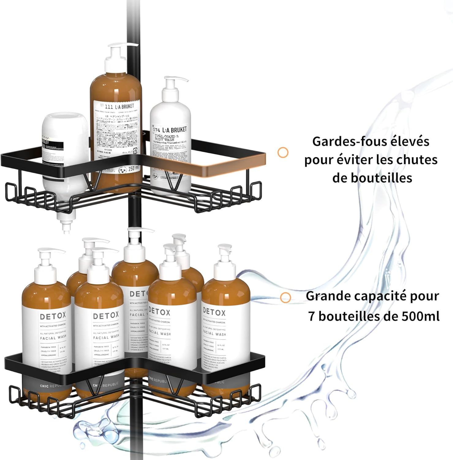 Etagere Douche - angle télescopique, inox, porte-serviette, crochets, noir