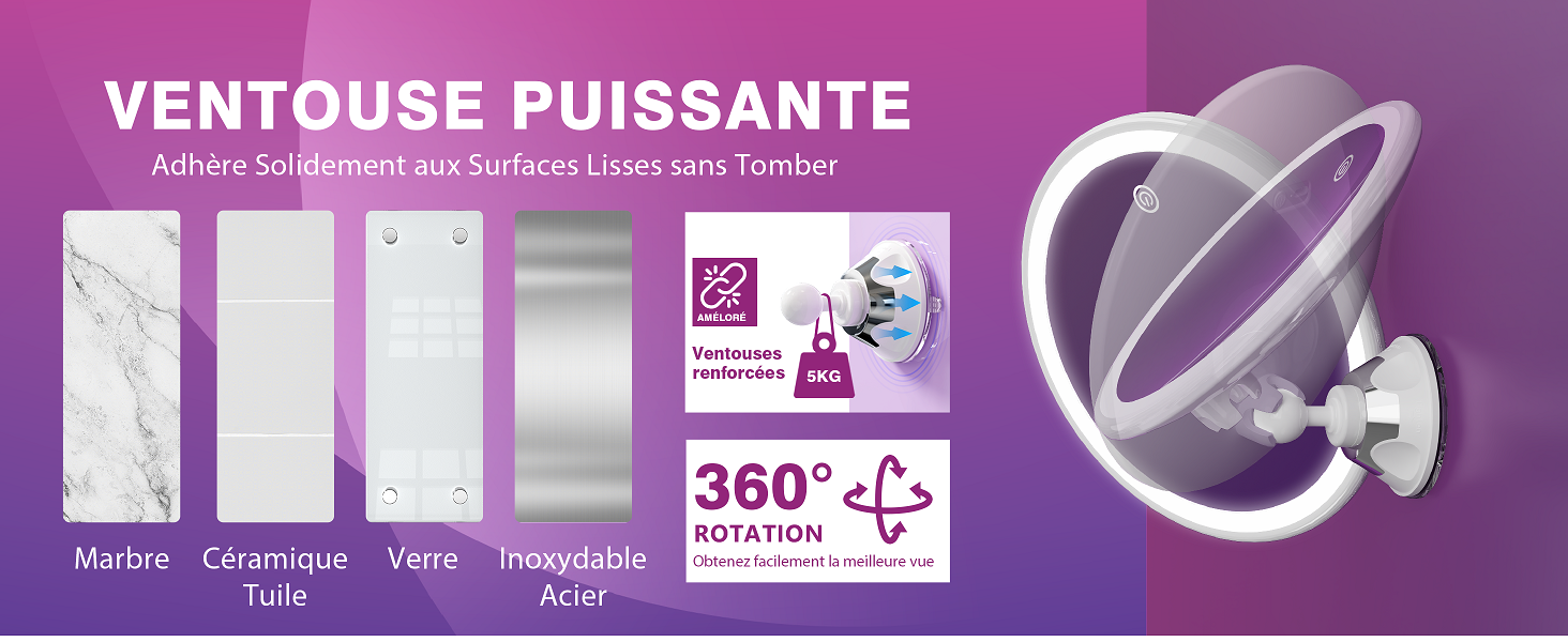 Appareil à ventouse puissant avec rotation à 360 degrés. Comprend des accessoires pour diverses surfaces, notamment le marbre, les carreaux de céramique, le verre et l'acier inoxydable. Construction en plastique blanc avec design incurvé.