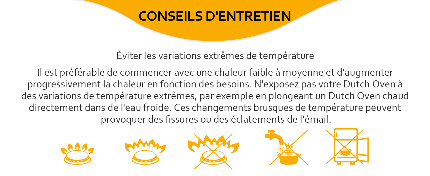 Graphique d'instructions d'entretien en français montrant cinq icônes en forme de couronne avec du texte concernant les avertissements de variation de température et les directives d'entretien.