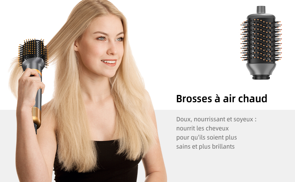 Brosse à cheveux ronde avec poils et corps en métal. Utilisé pour le séchage au sèche-cheveux et le coiffage des cheveux. L'image montre un pinceau utilisé et séparément, avec un texte en français décrivant ses avantages.