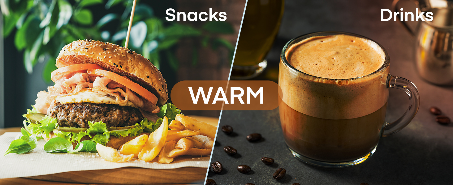 : La gauche montre un hamburger avec des frites, intitulé « Snacks ». La droite affiche une boisson chaude dans une tasse en verre, étiquetée « Boissons » et « CHAUD