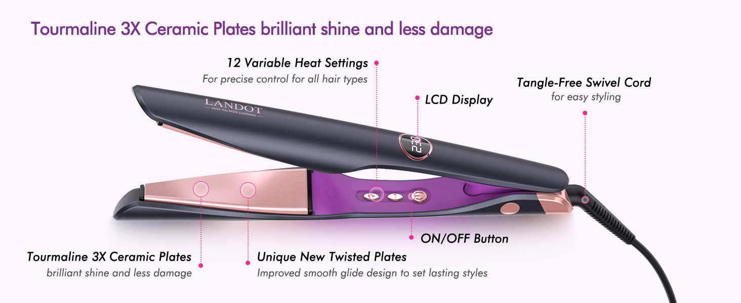 avec plaques céramiques en tourmaline 3X. Comprend un écran LCD, 12 réglages de chaleur, un cordon pivotant anti-enchevêtrement et un bouton marche/arrêt. Design violet et noir.