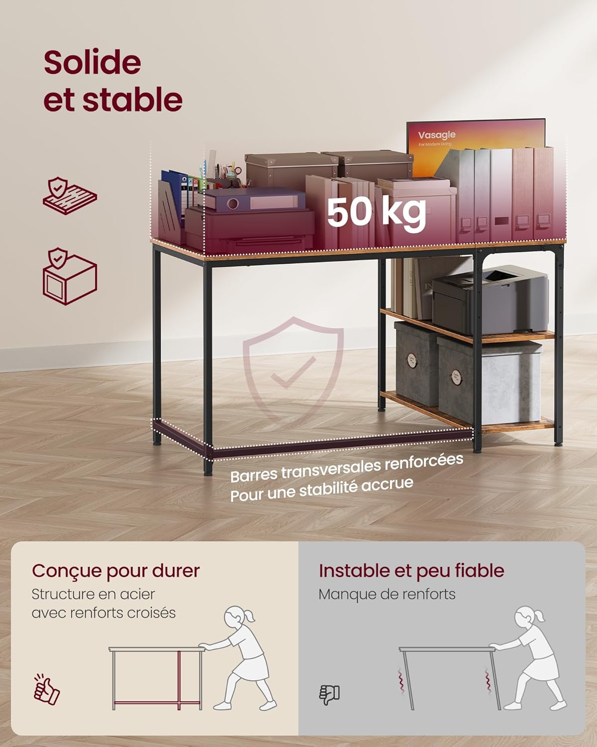 VASAGLE - Bureau Gaming Série L - 120x80cm - étagères réglables, prises USB, LWD132KD01