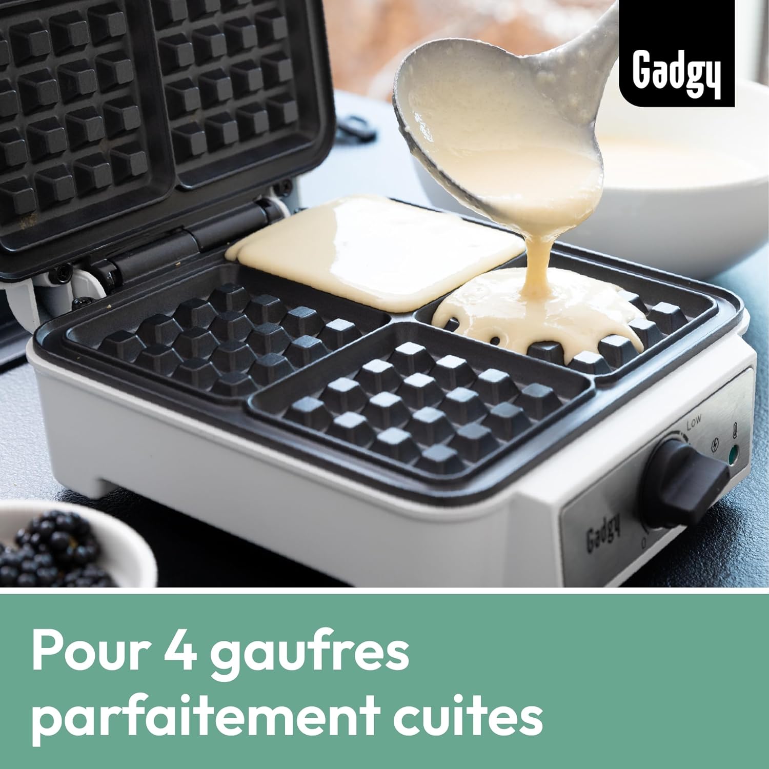 Gadgy - Gaufrier professionnel, 4x 8x8cm, 1200W, rapide et thermostat