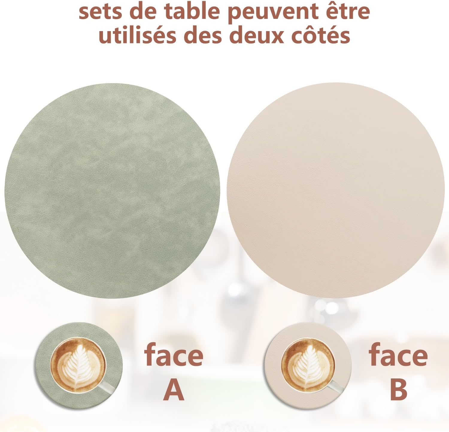 Set de table - rond double face cuir PU - 36x36cm - lavable et antidérapant