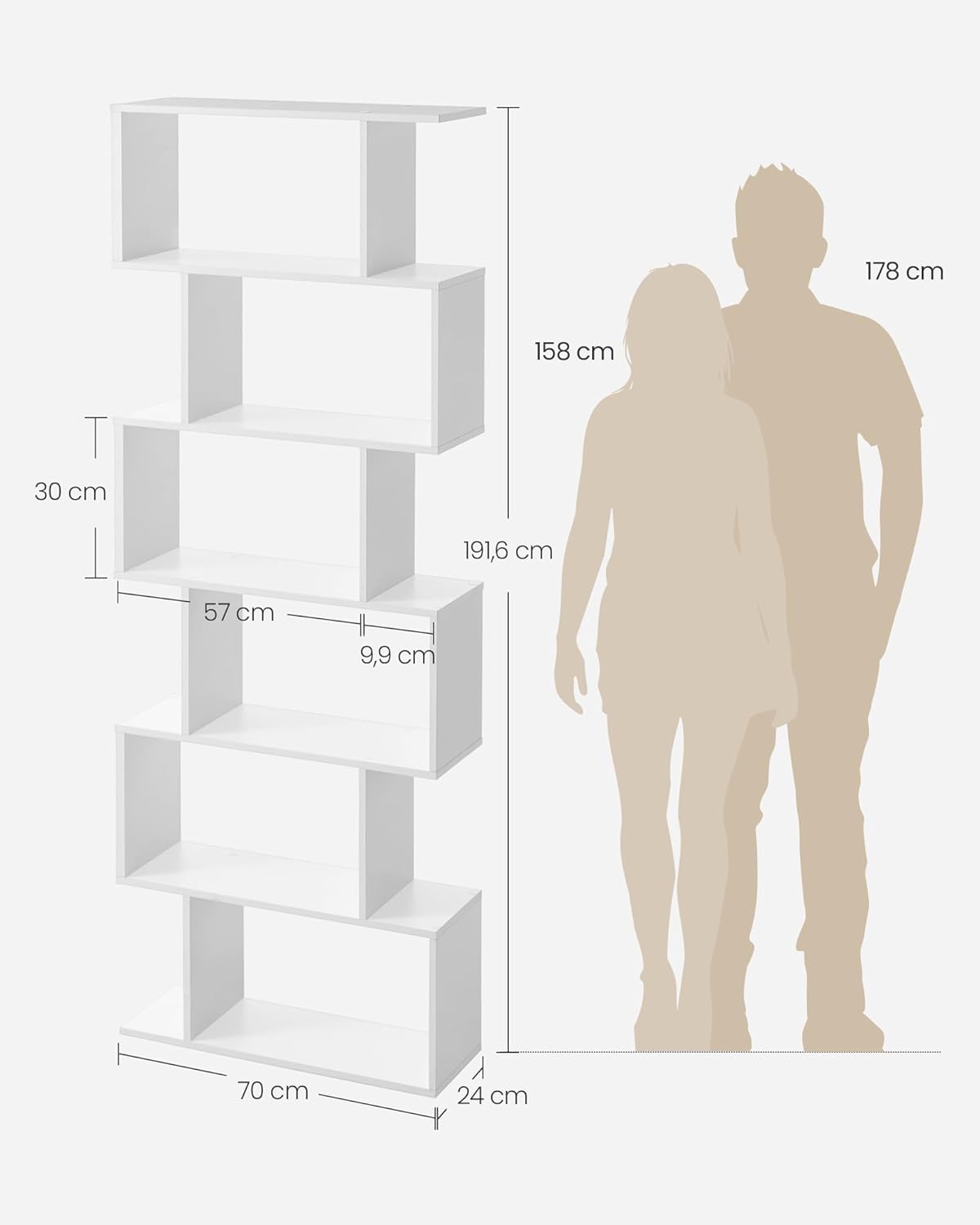 VASAGLE - étagère à 6 niveaux - 24x70x191,6 cm - blanc, cloison LBC61WT