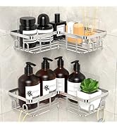 Panier de douche d'angle à deux niveaux avec finition chromée contenant des flacons à pompe marron foncé et une succulente décorative. Solution de rangement organisée pour la salle de bain avec plusieurs compartiments.