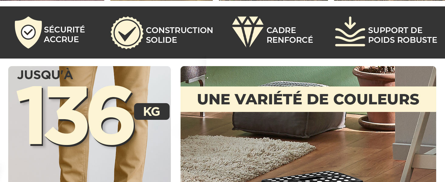 Publicité de produit montrant une capacité de poids de 136 kg, une variété de couleurs et des icônes indiquant une sécurité accrue, une construction solide, un cadre renforcé et un support robuste.