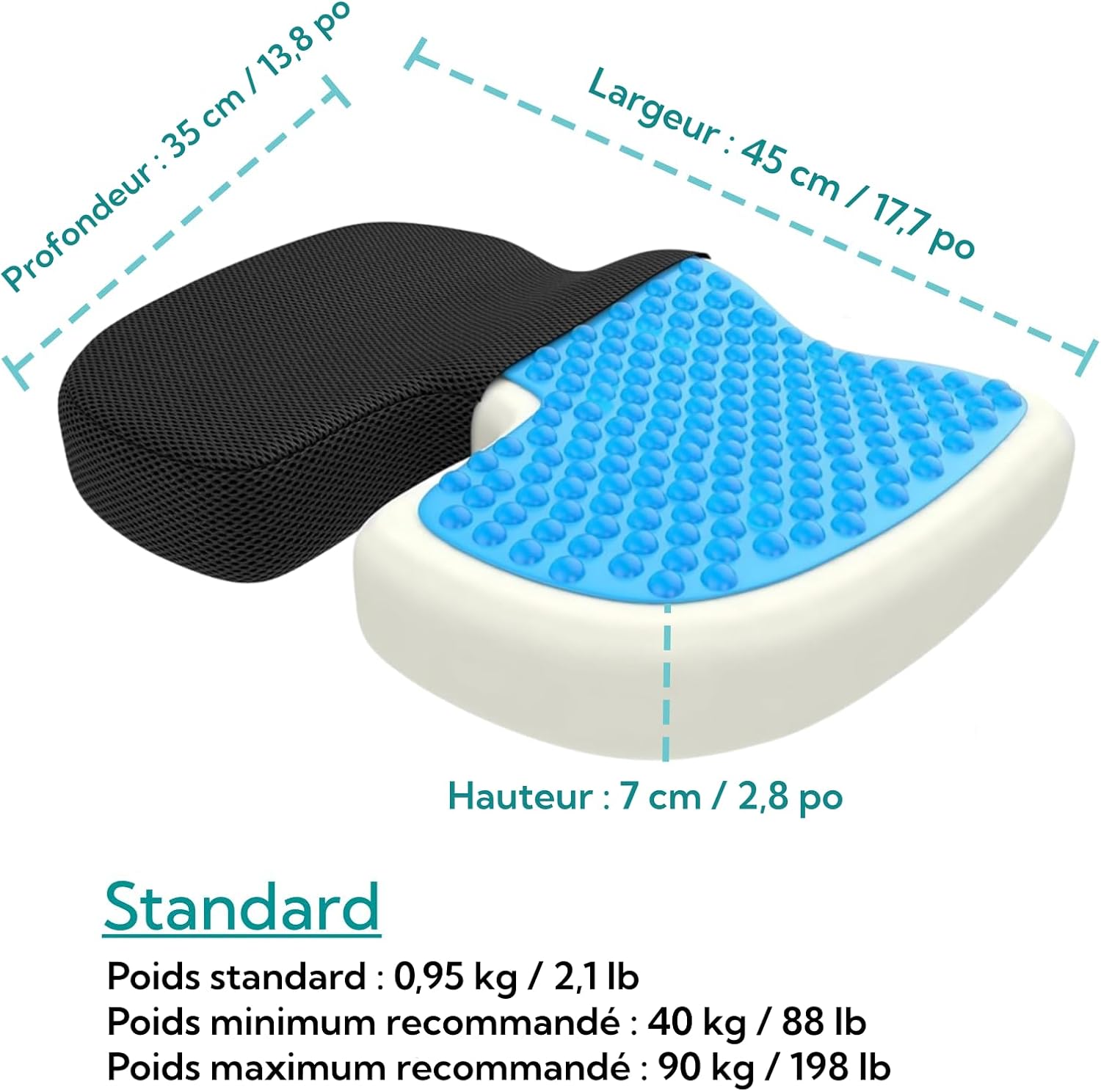 bonmedico - Coussin Chaise Bureau - standard, noir, mousse mémoire orthopédique